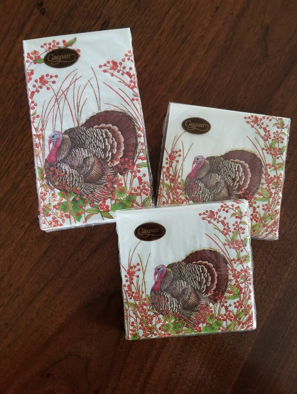 Caspari Paper Dinner and Beverage Napkins "Turkey and Berries"
